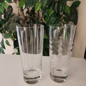 Vtg 2 Mikasa Cheers Highball Crystal Glasses Etched Pattern Dots & Stripes 20oz